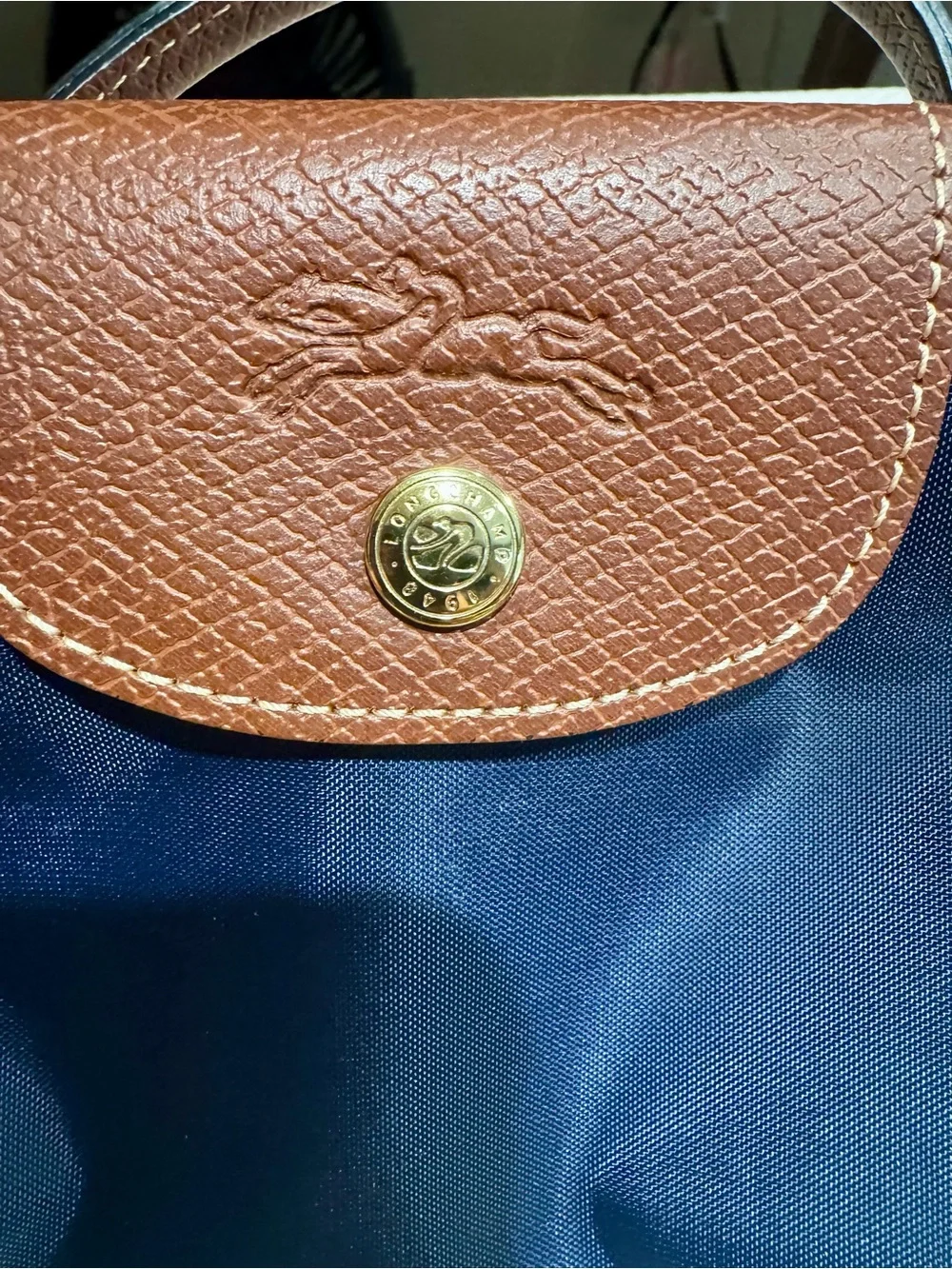 Longchamp Navy Nylon Cosmetic Pouch with Brown Leather Flap